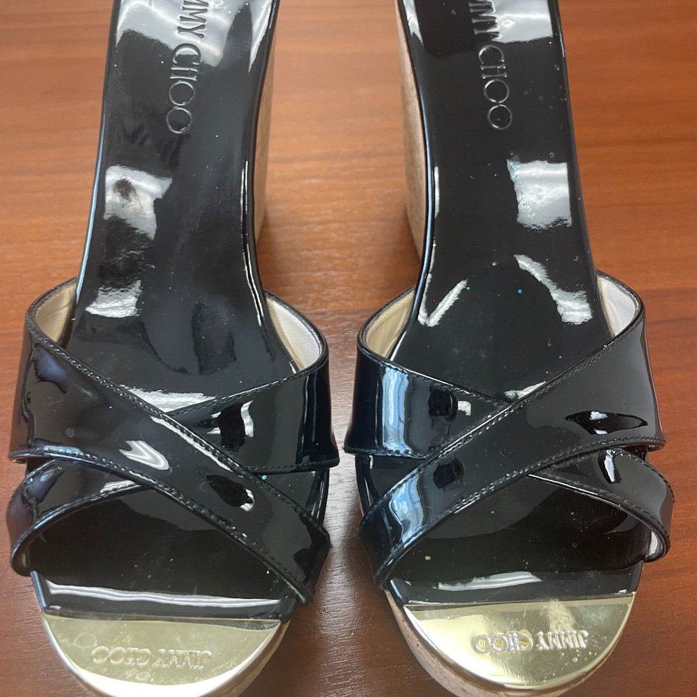 Jimmy Choo black patent leather and cork wedges